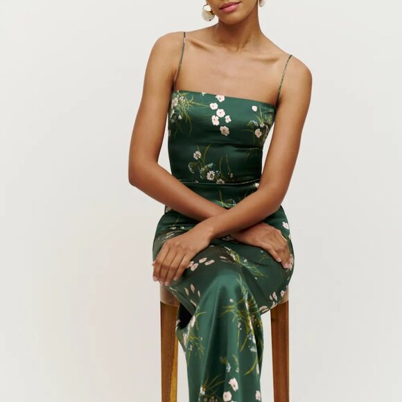 Reformation Frankie Silk Dress | Buena Green Floral Maxi | Size 6 - Picture 3 of 4